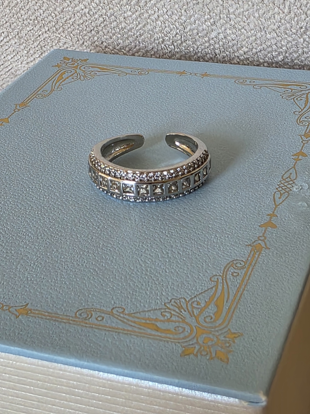 Silver Tone Adjustable CZ Band Ring Princess Cut Rhinestones